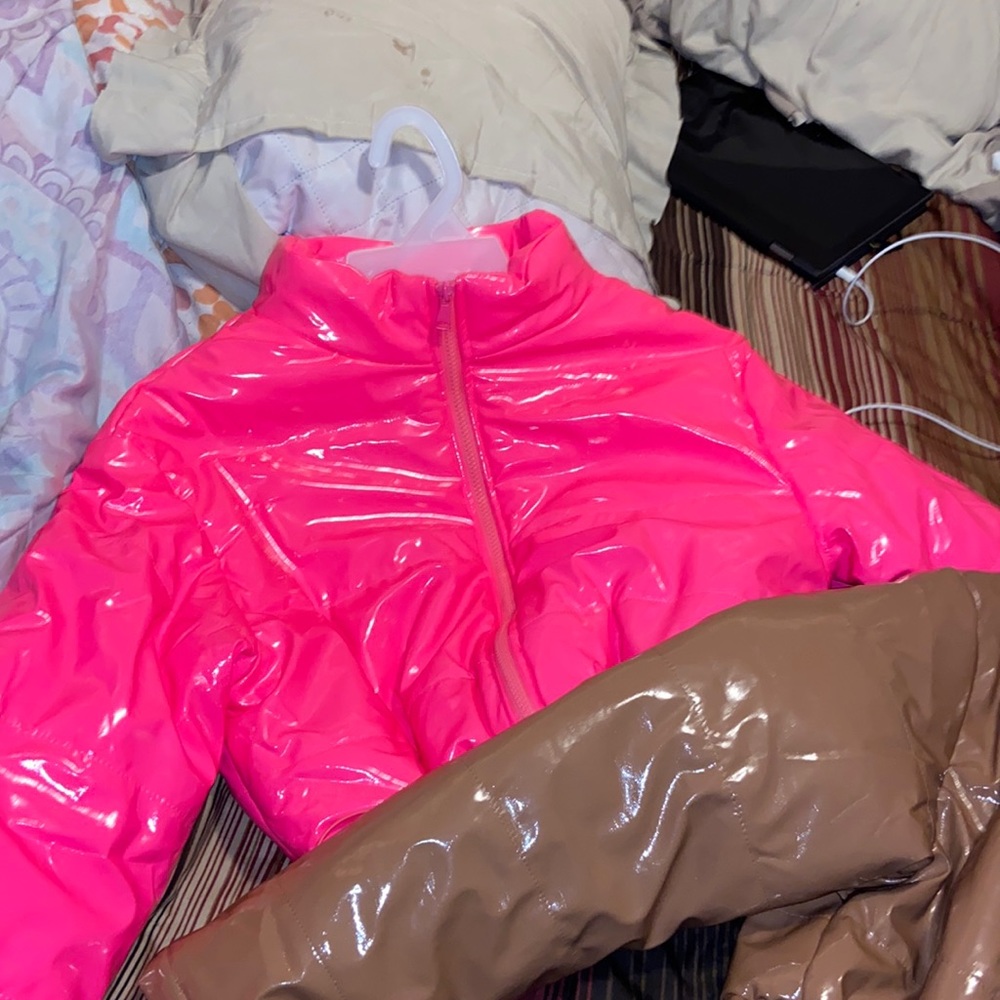 pink and brown puffer jacket